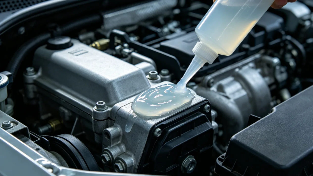 Automotive technician applying anti-vibration adhesive on engine component