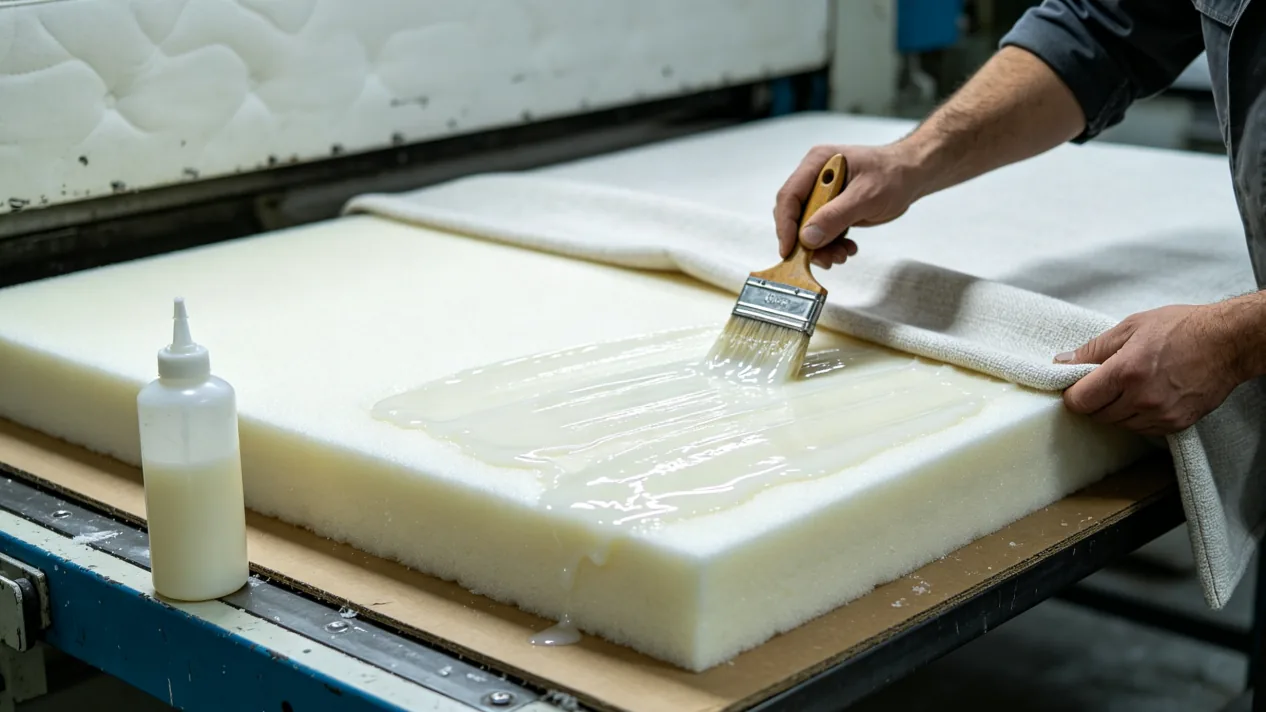 Foam mattress lamination with low-VOC water-based spray adhesive