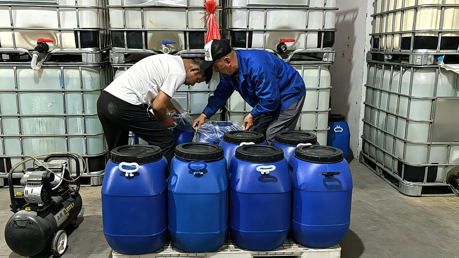 Desay workers preparing customer order — packing adhesive in IBC tote area